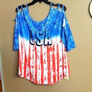 3/$20 Ladies XL top NWT Red white blue USA cool stretchy top